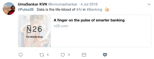 screenshot of tweet reading: #pulse26 Data is the life-blood of #AI in #banking
